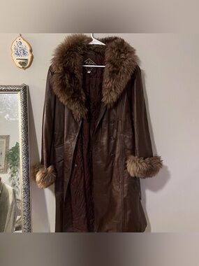 Vintage Genuine Brown Leather coat with Fur Trim